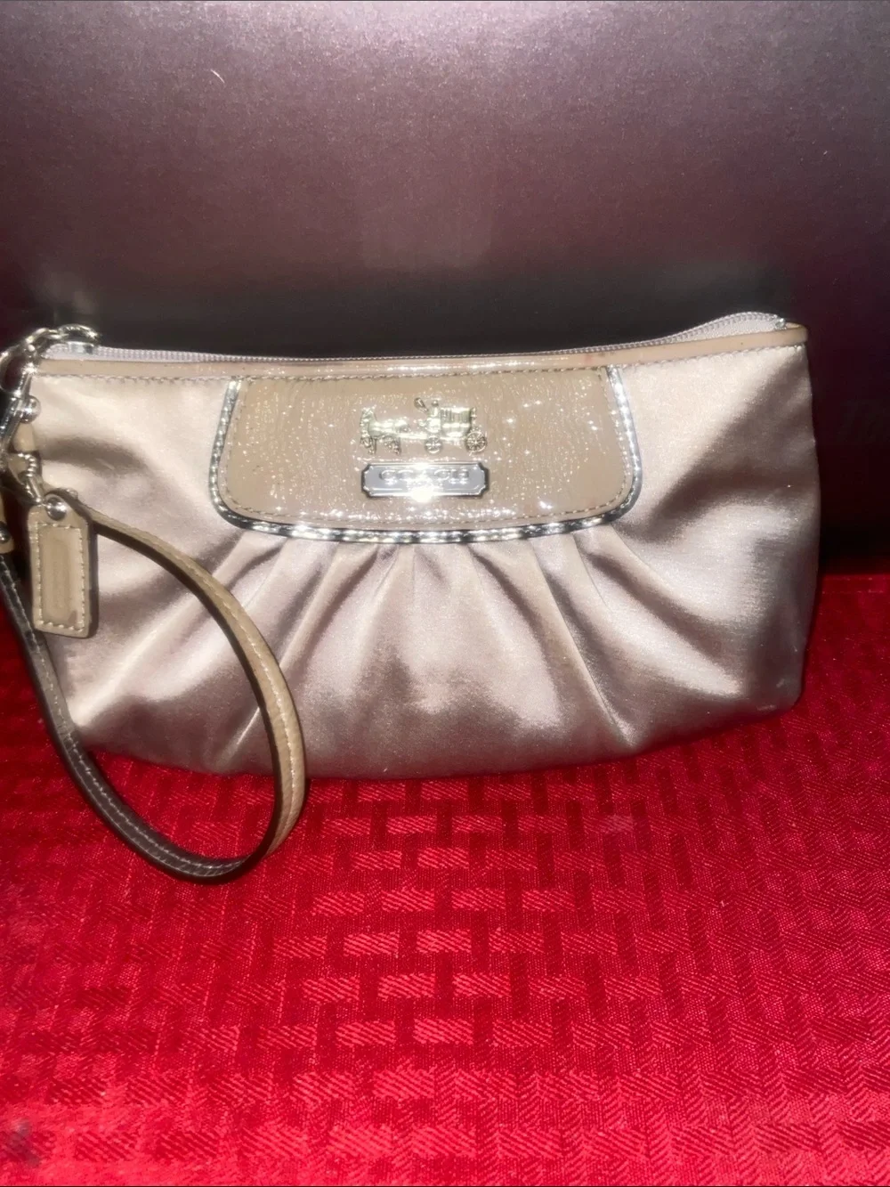 Coach Metallic Taupe Satin Wristlet with Gold Hardware
